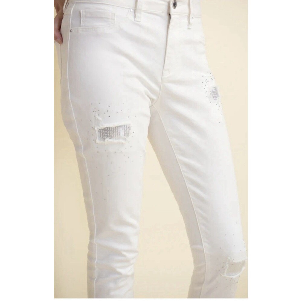 Joseph Ribkoff Sequin Patch Jeans Size 6 White Distressed NWT